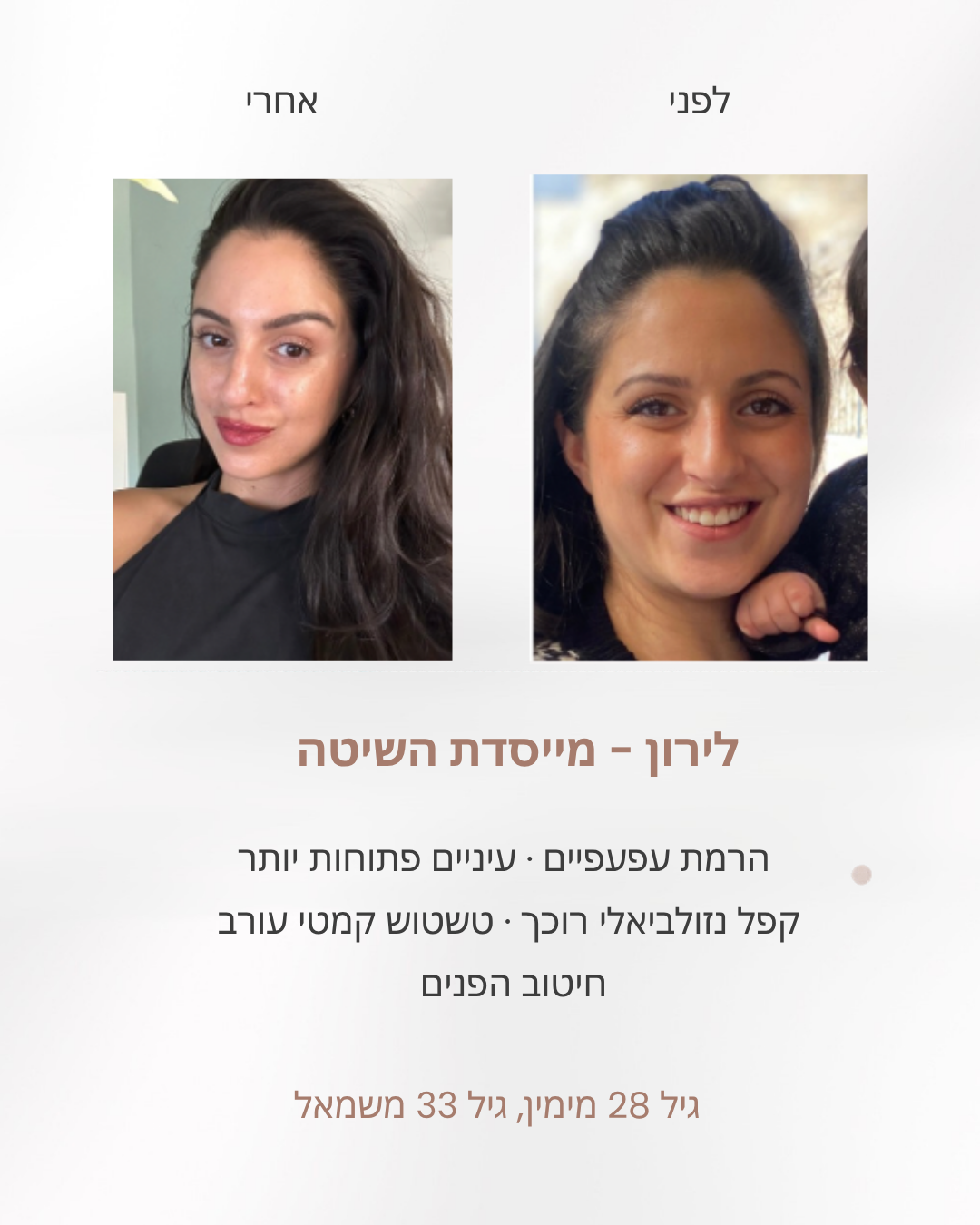 לירון שוורץ מייסדת השיטה, לפני ואחרי: בגיל 28 מימין ובגיל 33 משמאל, אחרי הרמת עפעפיים בצורה טבעית